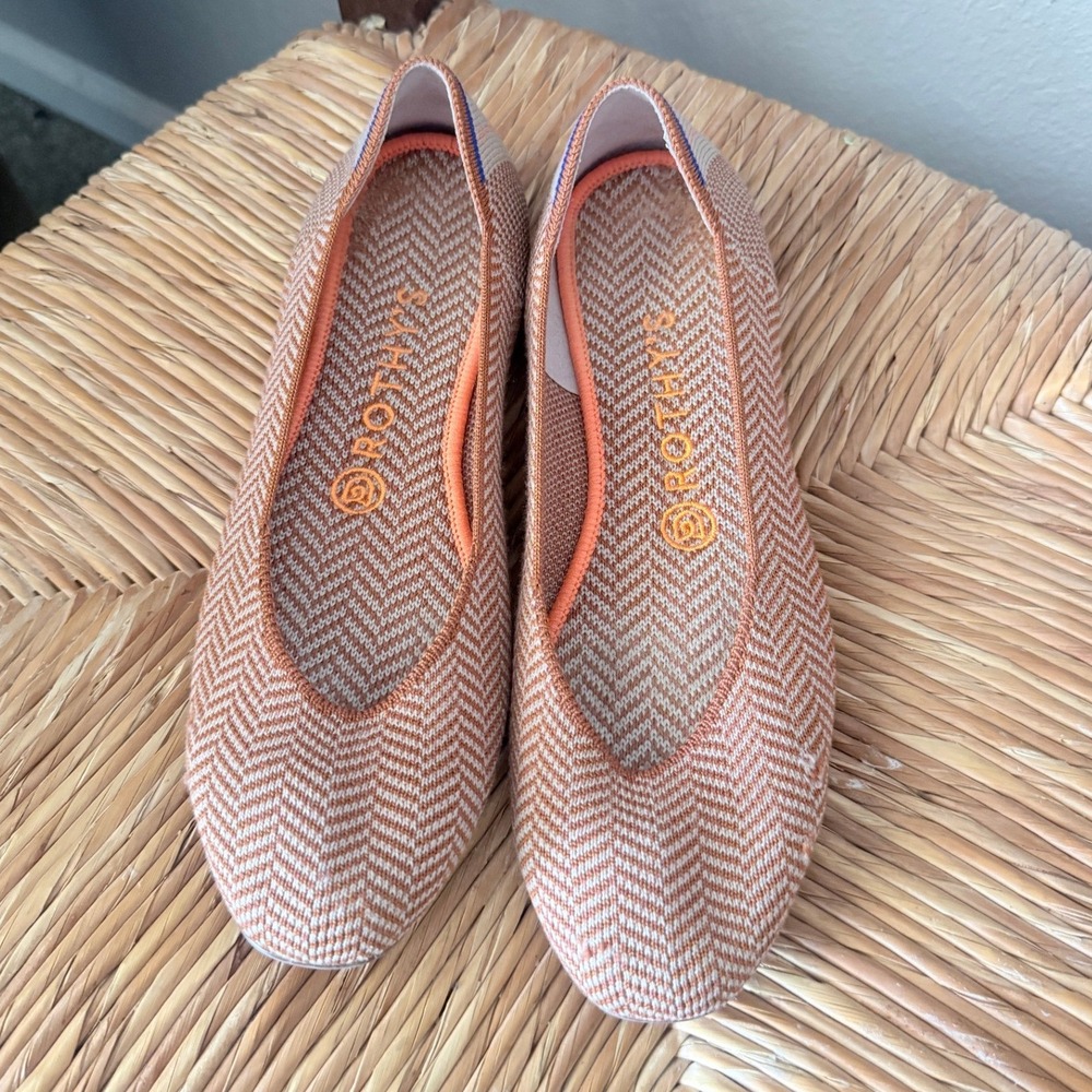 Rothys The Flat Womens 8 Orange White Herringbone Knit Round Toe Ballet Flats
